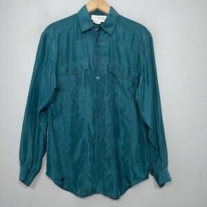 Vintage 100% Silk Button Up Shirt Womens Size Small Teal 80s 90s Blouse Dark